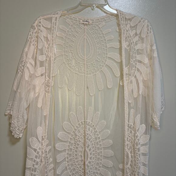 Rebellion Cream Boho White Sheer Lace Midi Kimono Cardigan Beach Coverup Medium - Picture 2 of 9